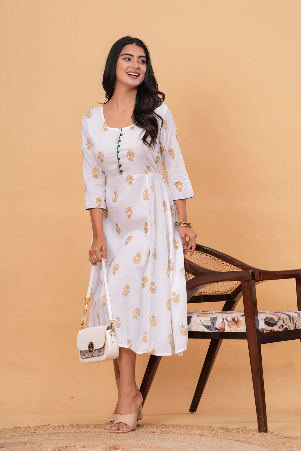 Handblock Printed Cotton Kurta - Golden Floral Motifs