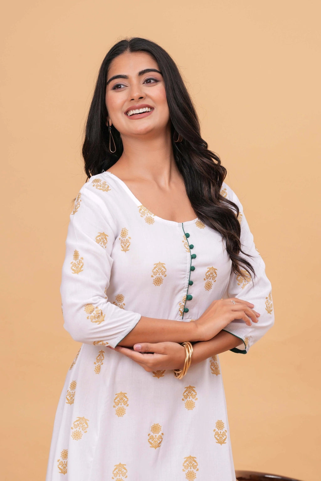 Handblock Printed Cotton Kurta - Golden Floral Motifs