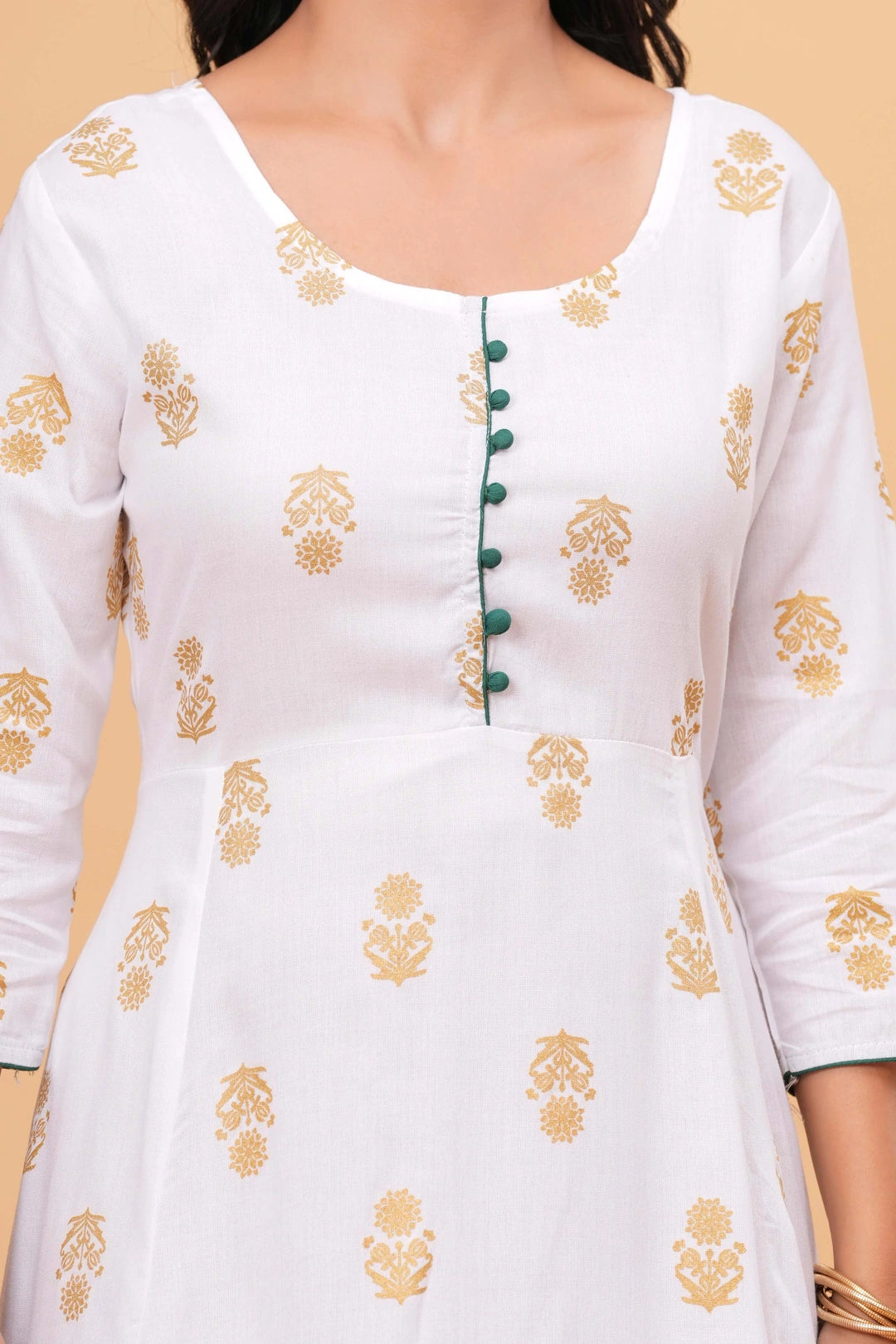 Handblock Printed Cotton Kurta - Golden Floral Motifs