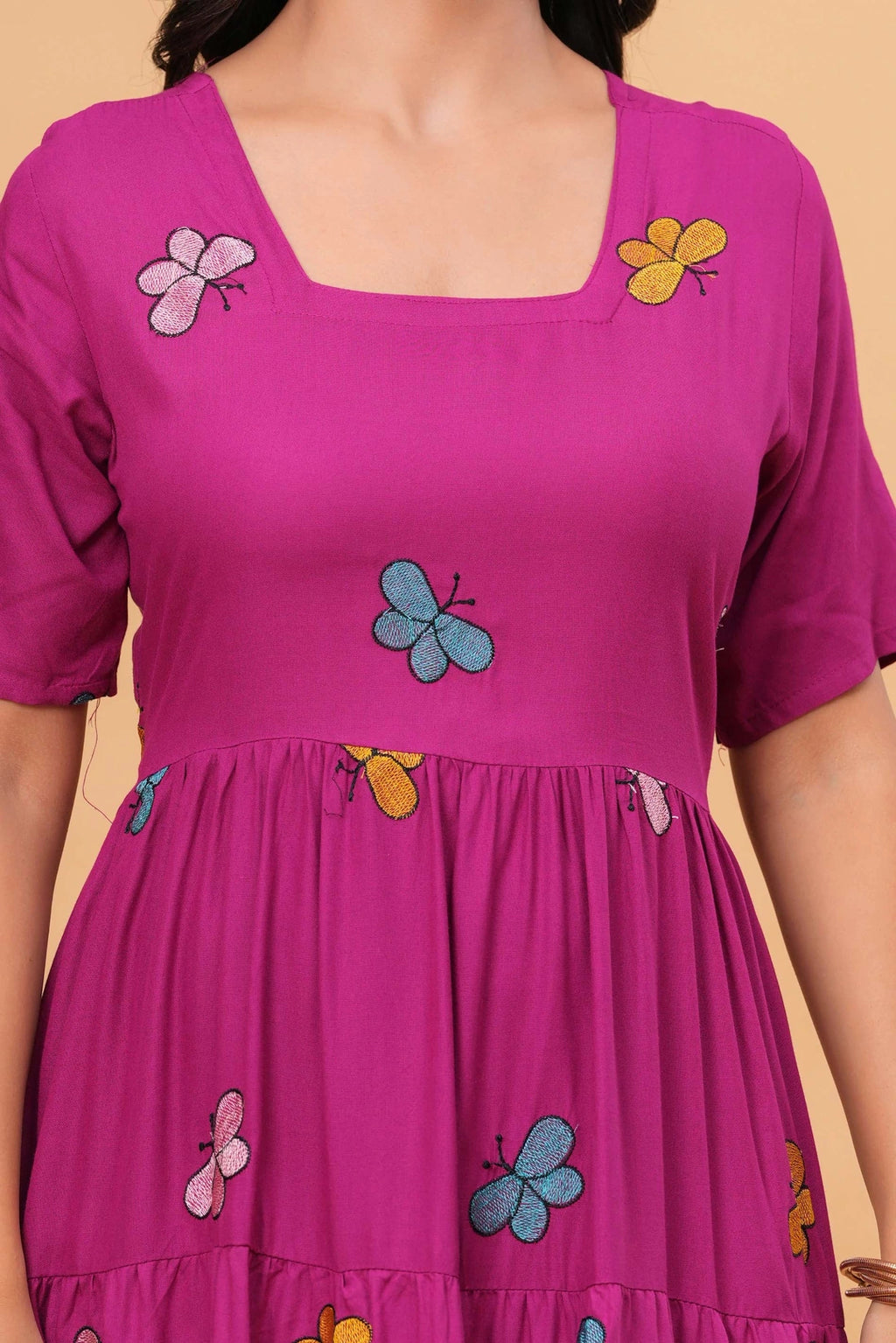 Embroidered Rayon Tiered Dress - Playful Butterfly Motifs