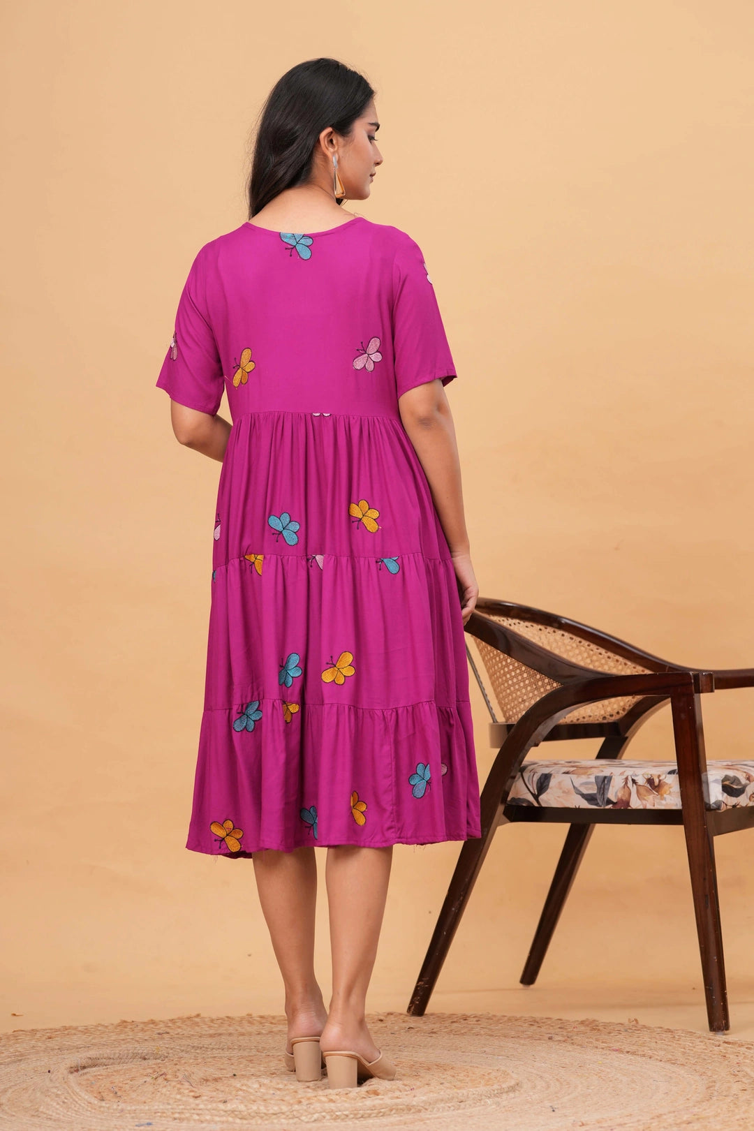 Embroidered Rayon Tiered Dress - Playful Butterfly Motifs
