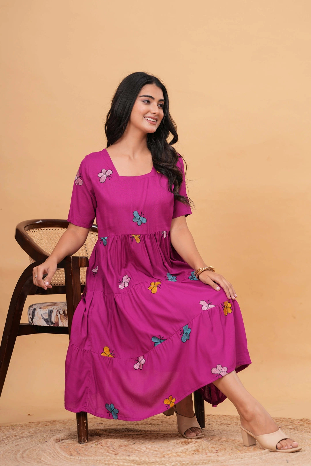 Embroidered Rayon Tiered Dress - Playful Butterfly Motifs