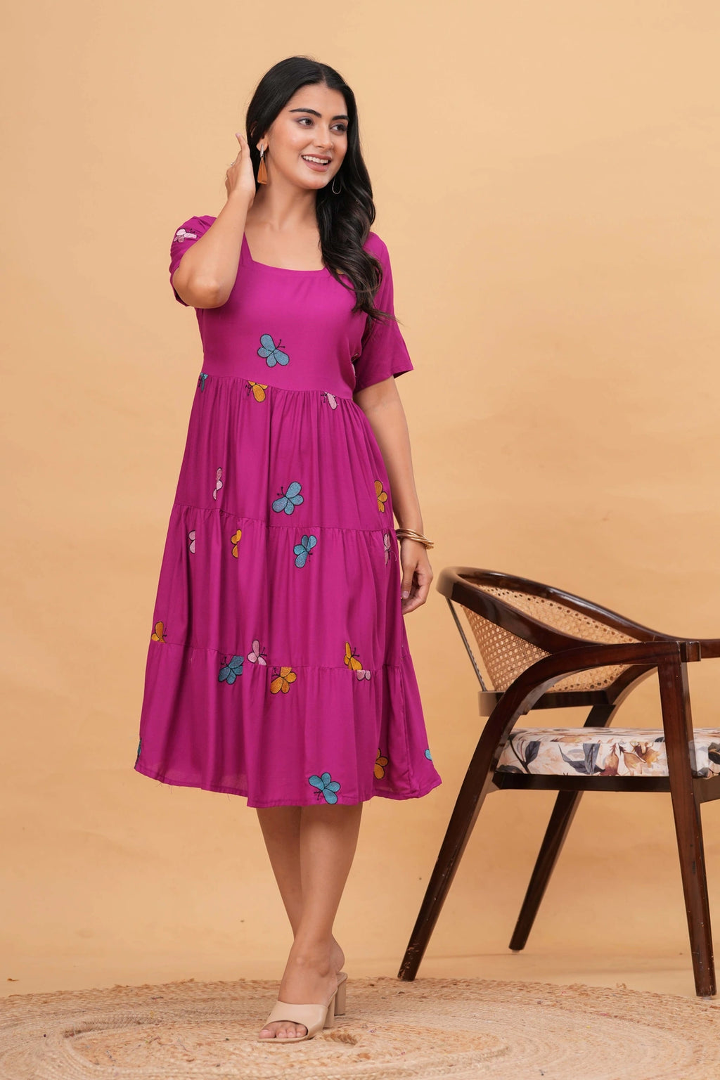 Embroidered Rayon Tiered Dress - Playful Butterfly Motifs