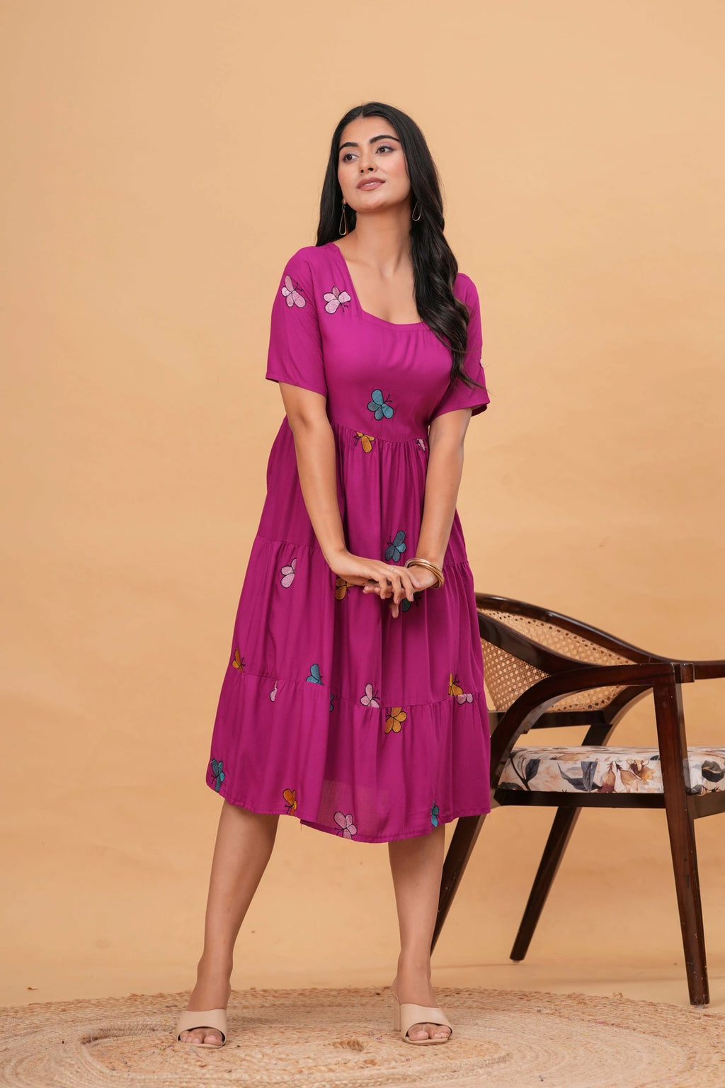 Embroidered Rayon Tiered Dress - Playful Butterfly Motifs