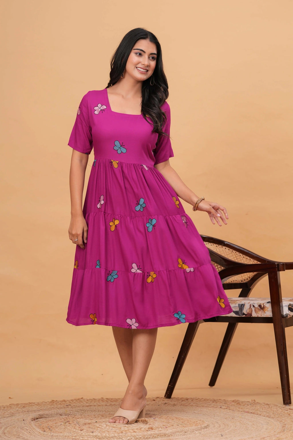 Embroidered Rayon Tiered Dress - Playful Butterfly Motifs
