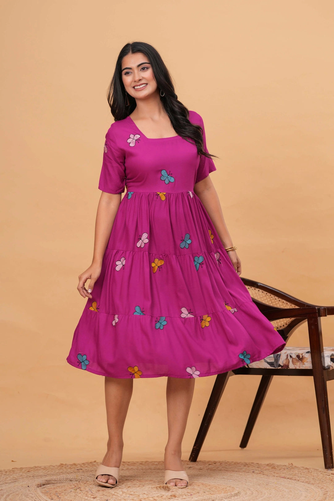 Embroidered Rayon Tiered Dress - Playful Butterfly Motifs