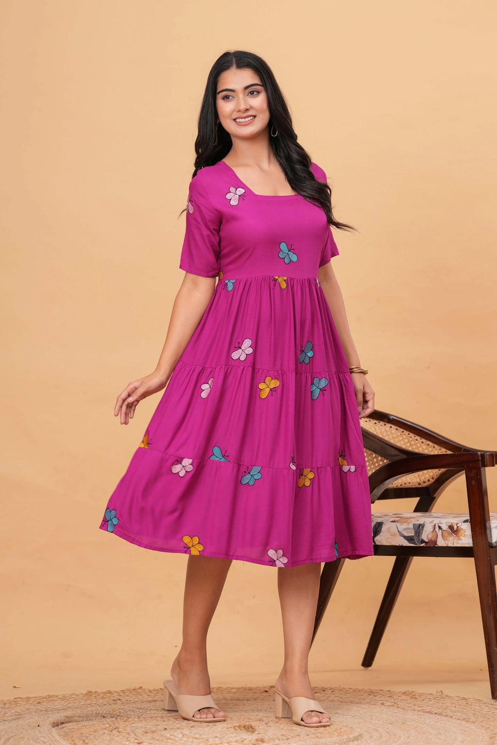 Embroidered Rayon Tiered Dress - Playful Butterfly Motifs
